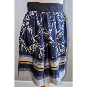 Mango Suit 100% Silk A-Line Skirt Striped Goemetric Design Blue Lined Size 8